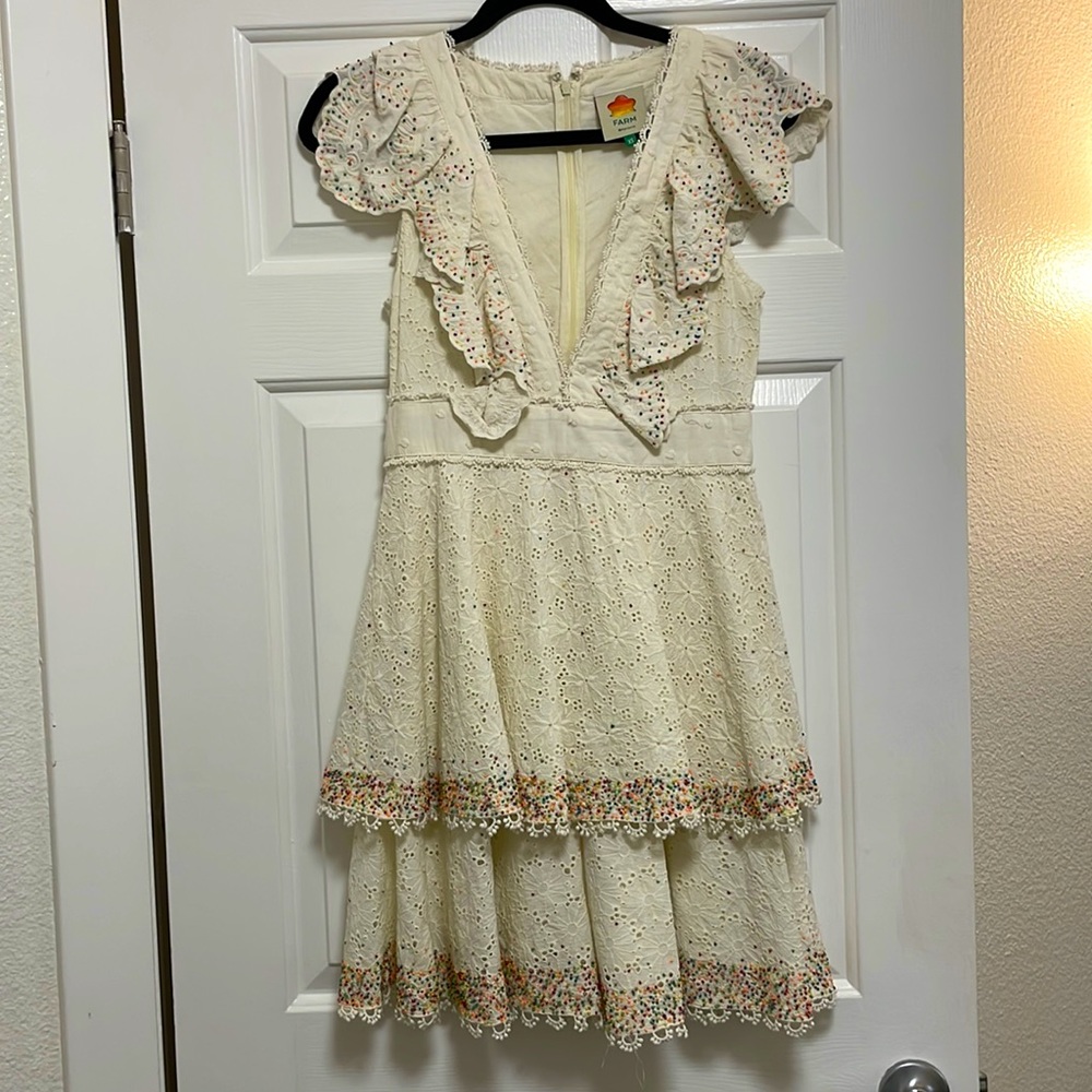 Farm Rio Eyelet Patch Beaded Mini Dress